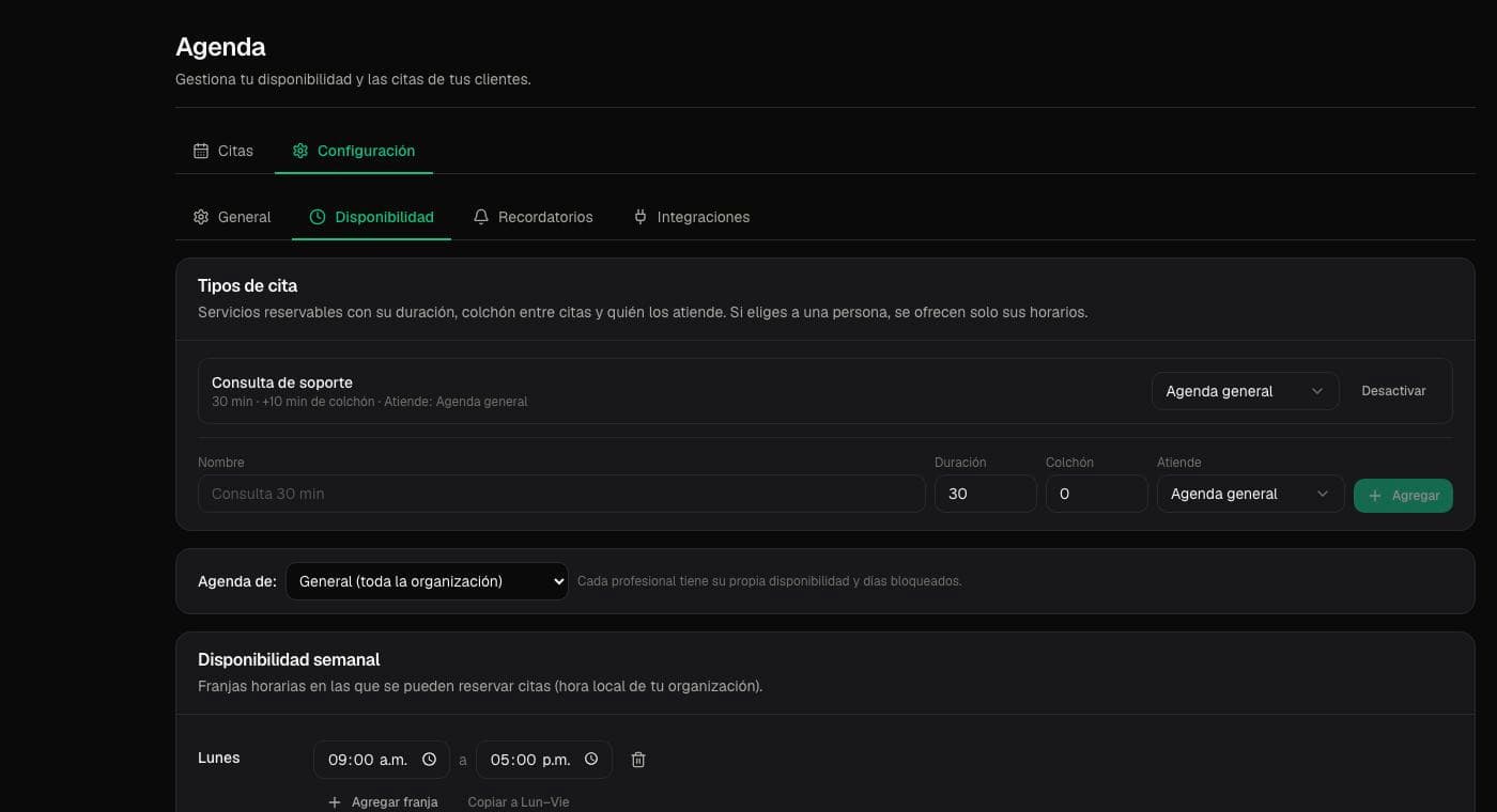 Disponibilidad y tipos de cita configurados en la agenda de Mosend